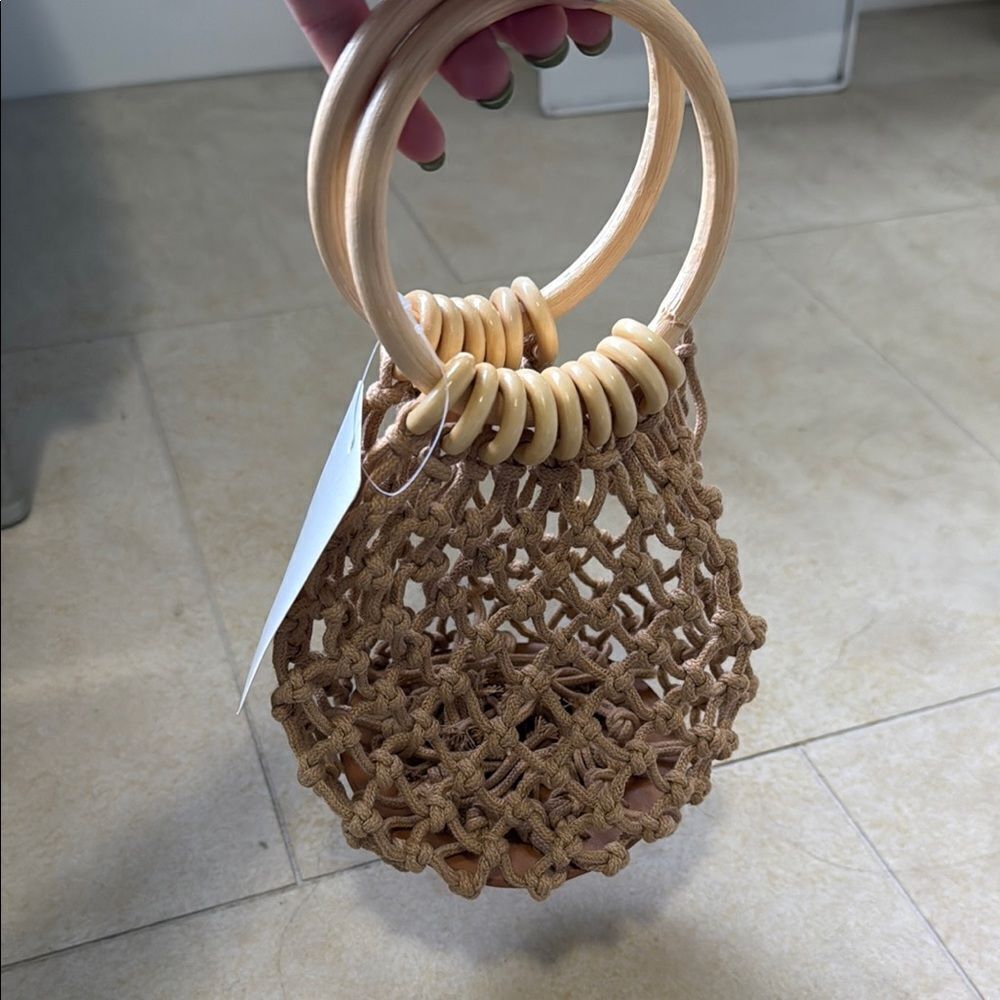 Handcrafted Tan Woven Bag with Wooden Handles Small Bag